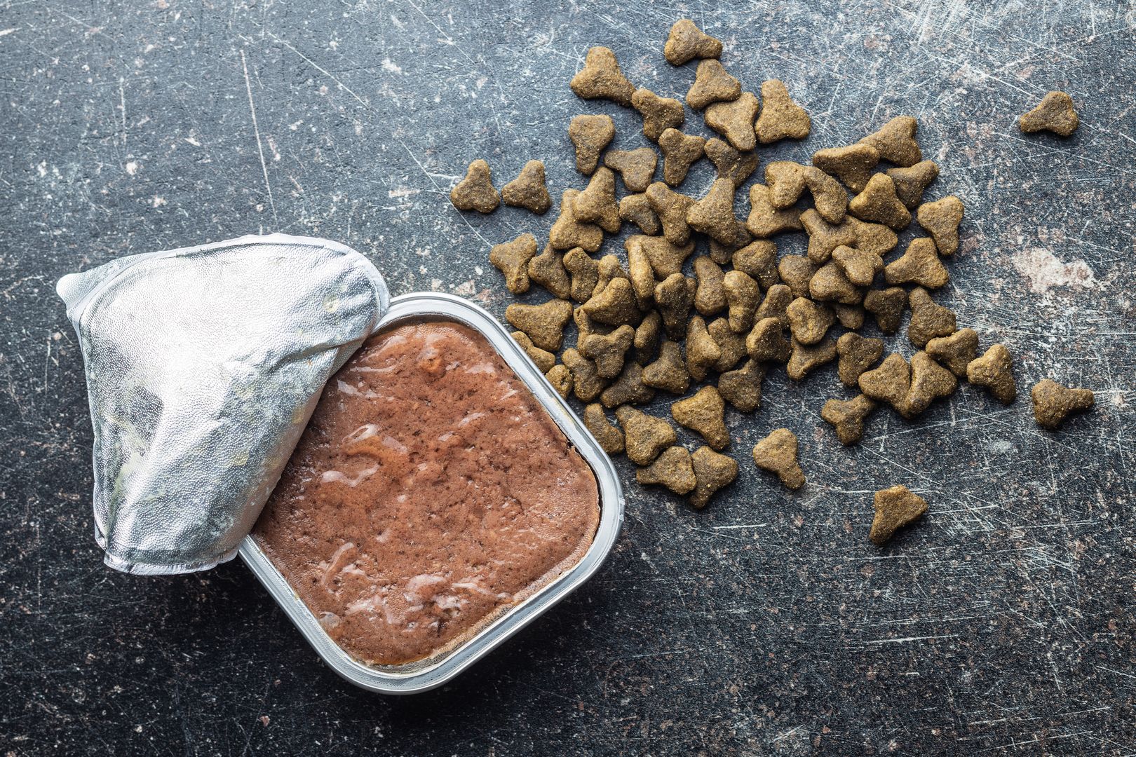 Wet and dry pet food. Cat or dog pate on old table. Top view.